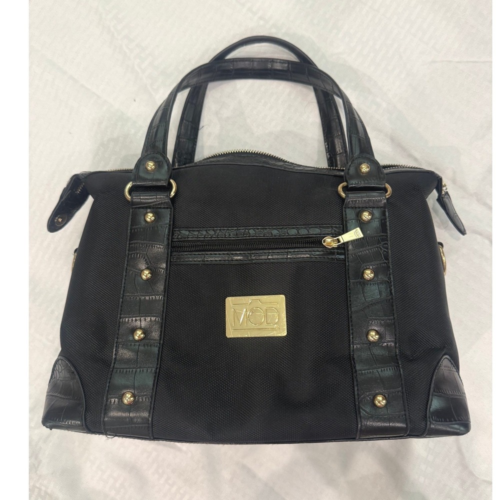 MOD Camera Bag Satchel Women Large Black Gold‎ Studded Croc Trim Excellent Strap